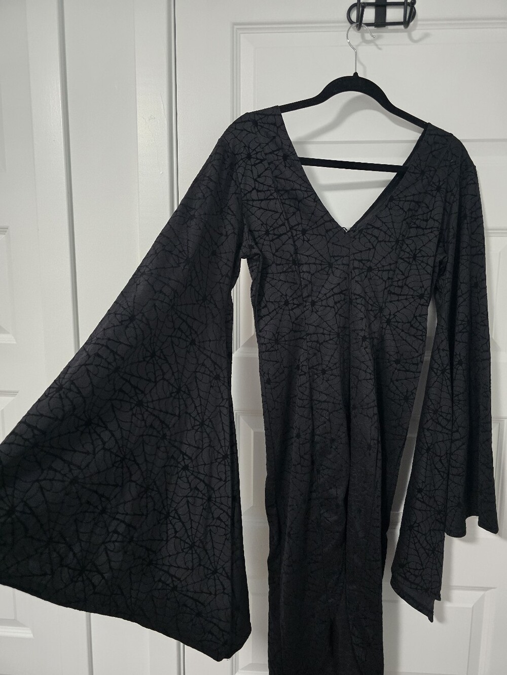Witchy Adult Costume Black Spiderweb Dress With Bell Sleeves & A High Slit